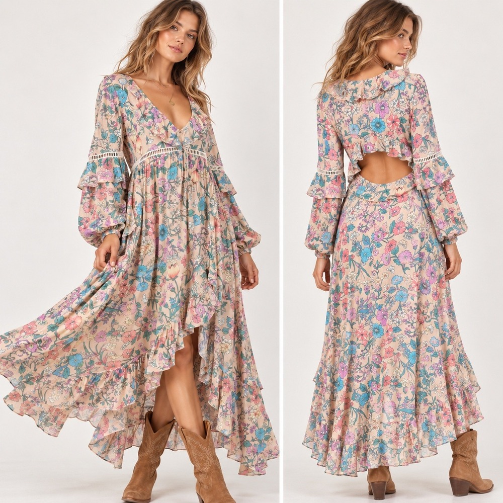 Spell & The Gypsy Sayulita Frill Gown Women S Floral Maxi Dress Pink Open Back